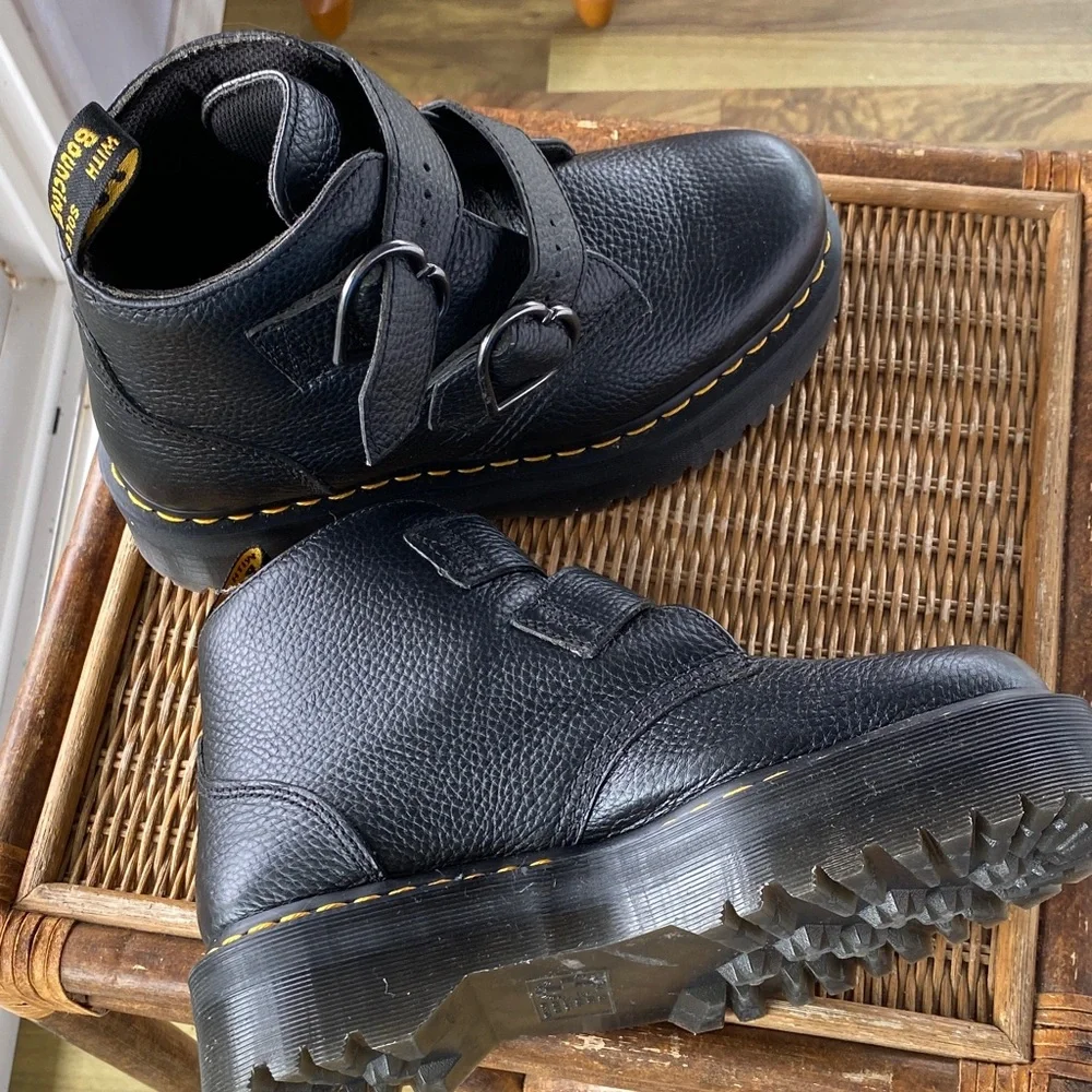 Dr. Martens Black Leather Platform Heart-Buckle Combat Boots - Picture 5 of 7